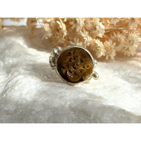 Hand Carved Wood Floral Shaped 925 Sterling Silver Statement Vintage Ring - sz 7 - Picture 4 of 11